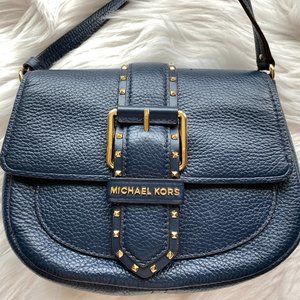 Michael Kors Lillian Studded Crossbody | Blue Pebbled Leather | Gold Buckle